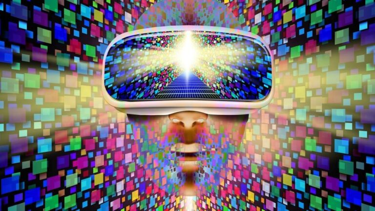 Metaverso, conceptual, humano con lentes de realidad virtual, rodeado de paneles de colores