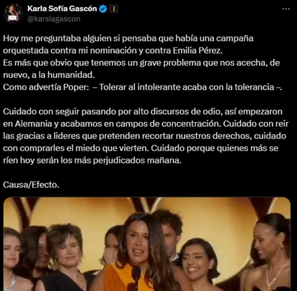 Karla Sofía Gascón compara críticas contra Emilia Pérez con el Holocausto