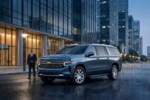 SUV blindada de alta gama de Shel-Ha Soluciones frente a edificios corporativos, diseñada para ejecutivos y compañías globales que visitan México.