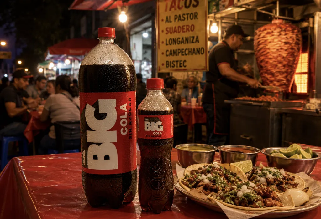 Tacos y antojitos callejeros son acompañados con Big Cola en la Ciudad de México.