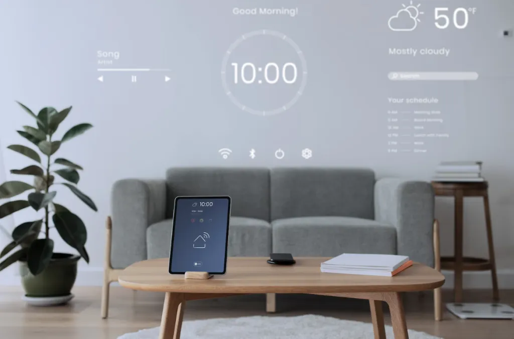 Hogar moderno con iluminación ambiental, persianas automatizadas y control inteligente desde un smartphone, tal como lo describen en Seguritech.