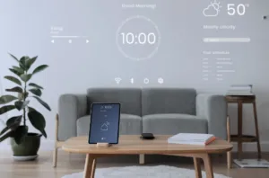 Hogar moderno con iluminación ambiental, persianas automatizadas y control inteligente desde un smartphone, tal como lo describen en Seguritech.