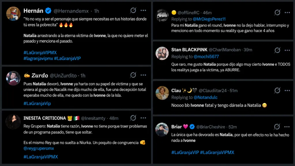Collage de siete comentarios en X que apoyan a Natalia Alcocer y cuestionan a Ivonne Montero tras su intercambio.
